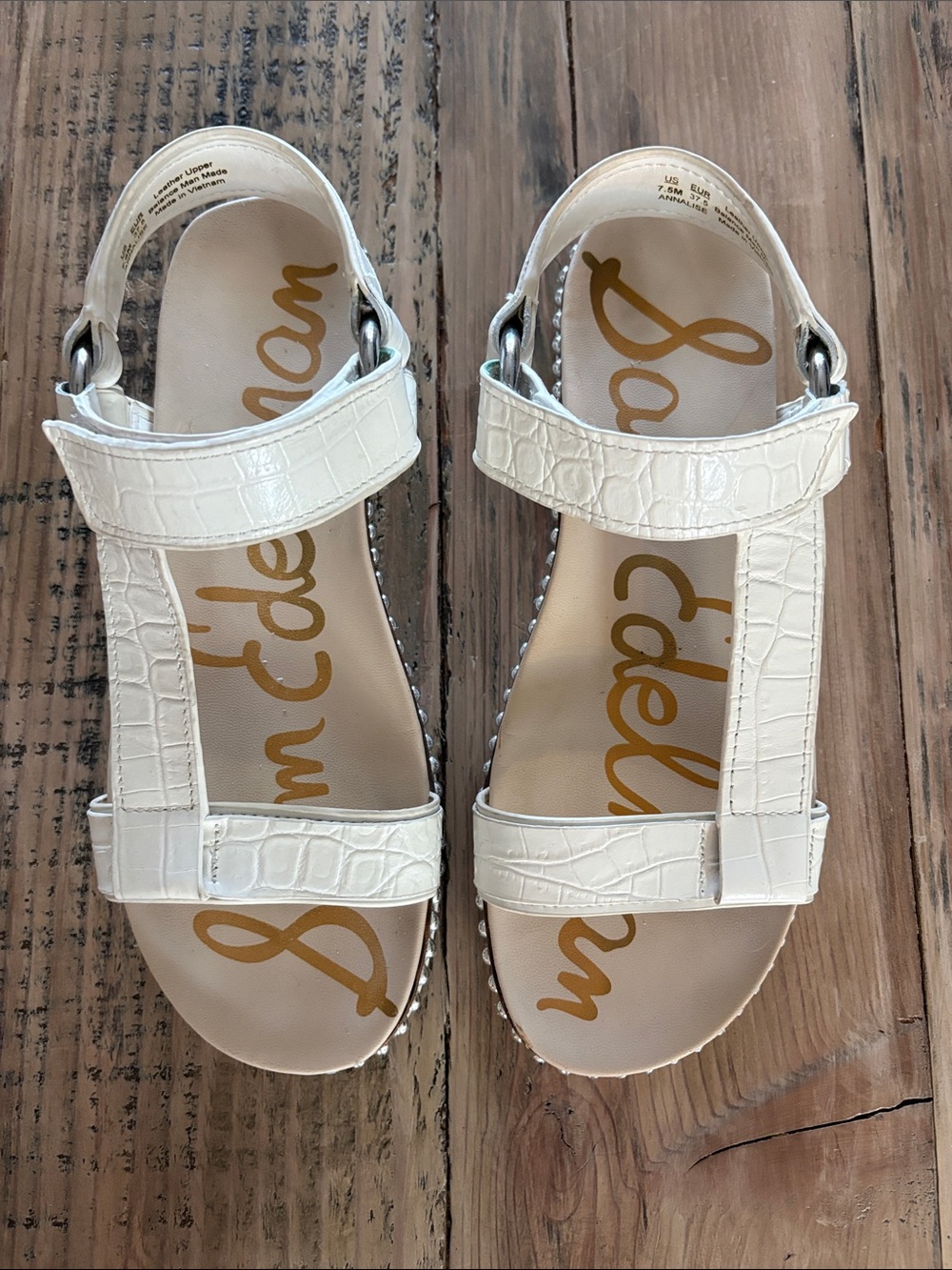 Sam Edelman White Croc-Embossed T-Strap Sandals